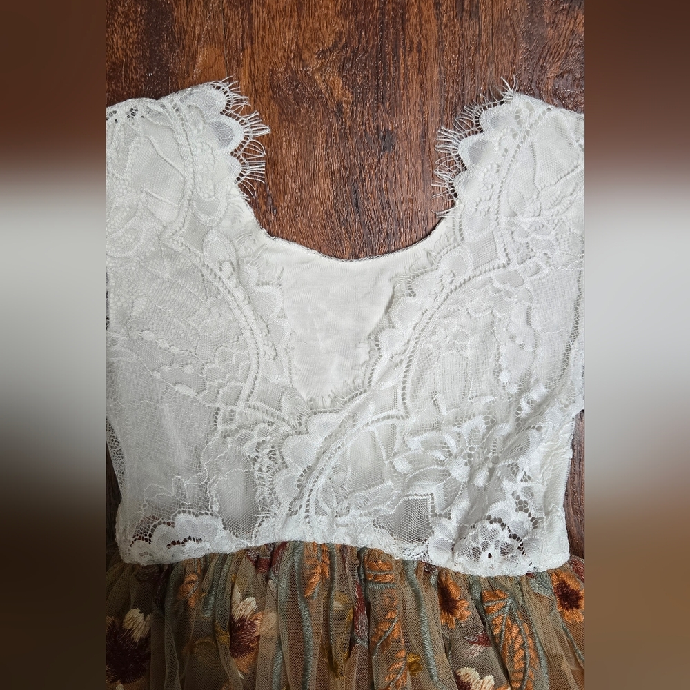 Rustic Burnt Orange Embroidered Flower Girl Dress with Chantilly Lace - Picture 5 of 7